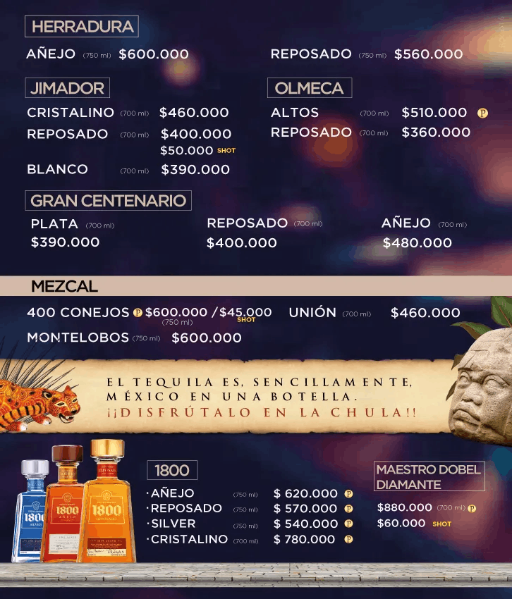 la chula bottle menu